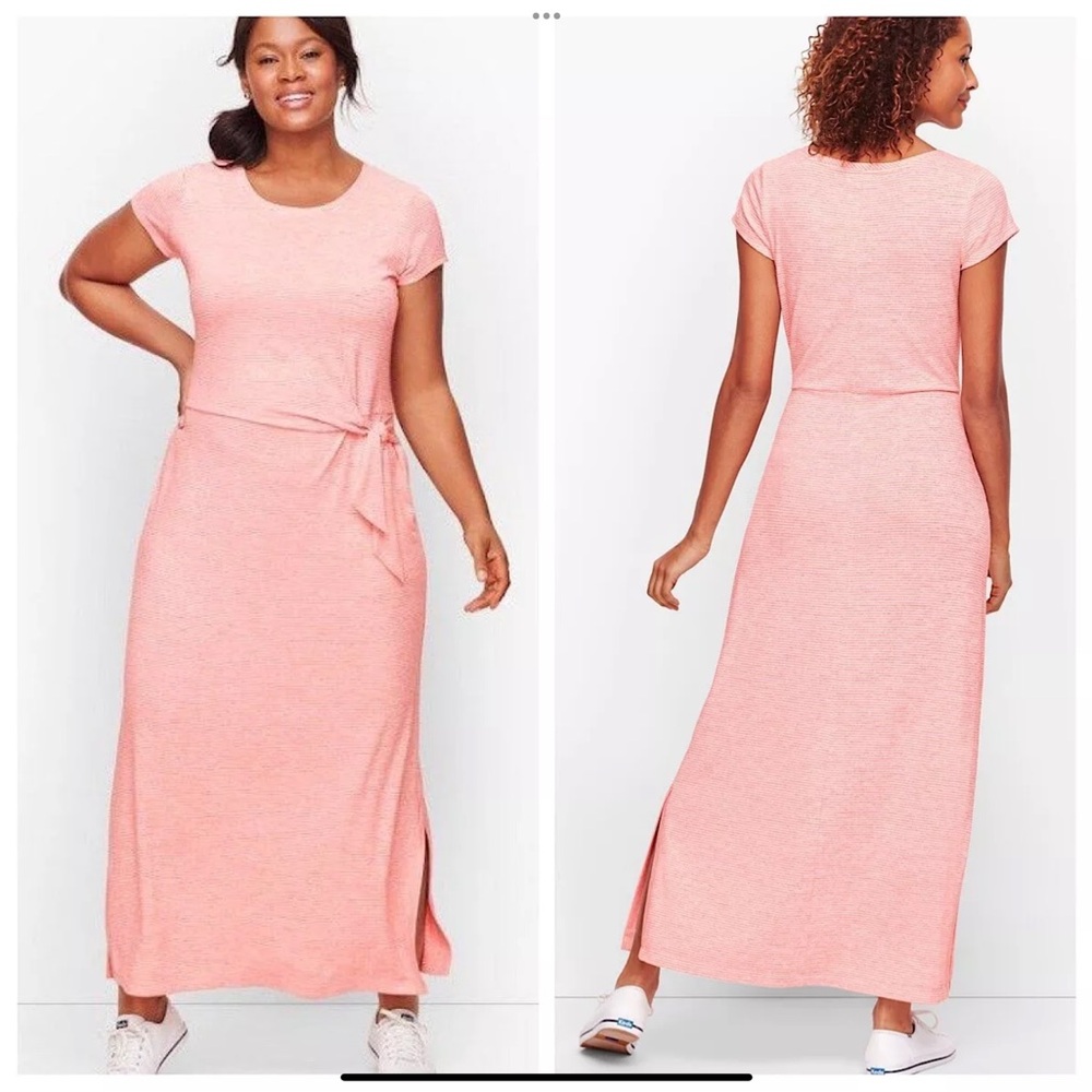 T By Talbots Tie Front Stripe Maxi Dress Women’s Size Small Pink Short Sleeve